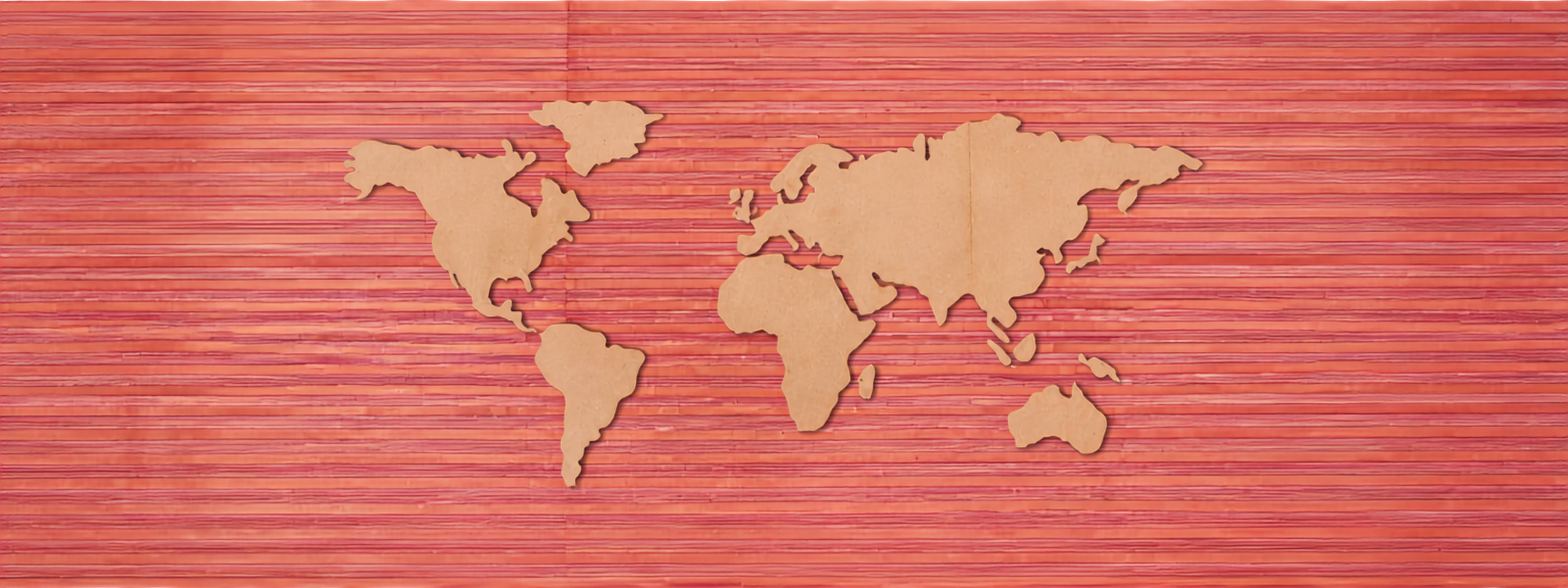 the world map in brown on a red background